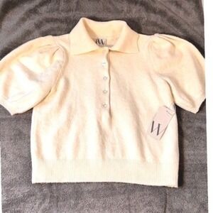NWT Worthington Womens Cream Puff Sleeve Knit Polo Sweater Top L Preppy Spring